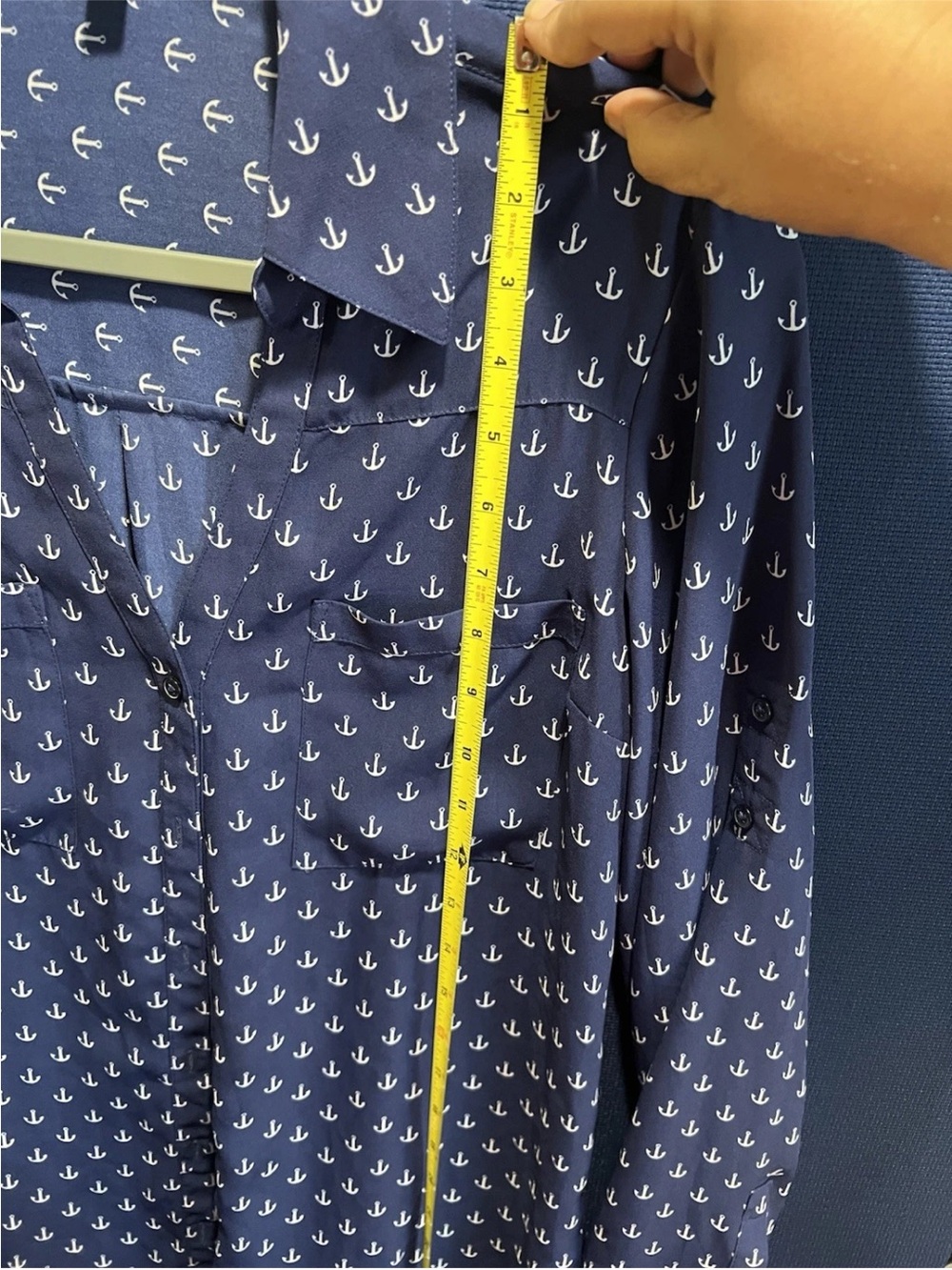 Woman’s Express Navy Button-Down Shirt with White Anchor Print  size M
